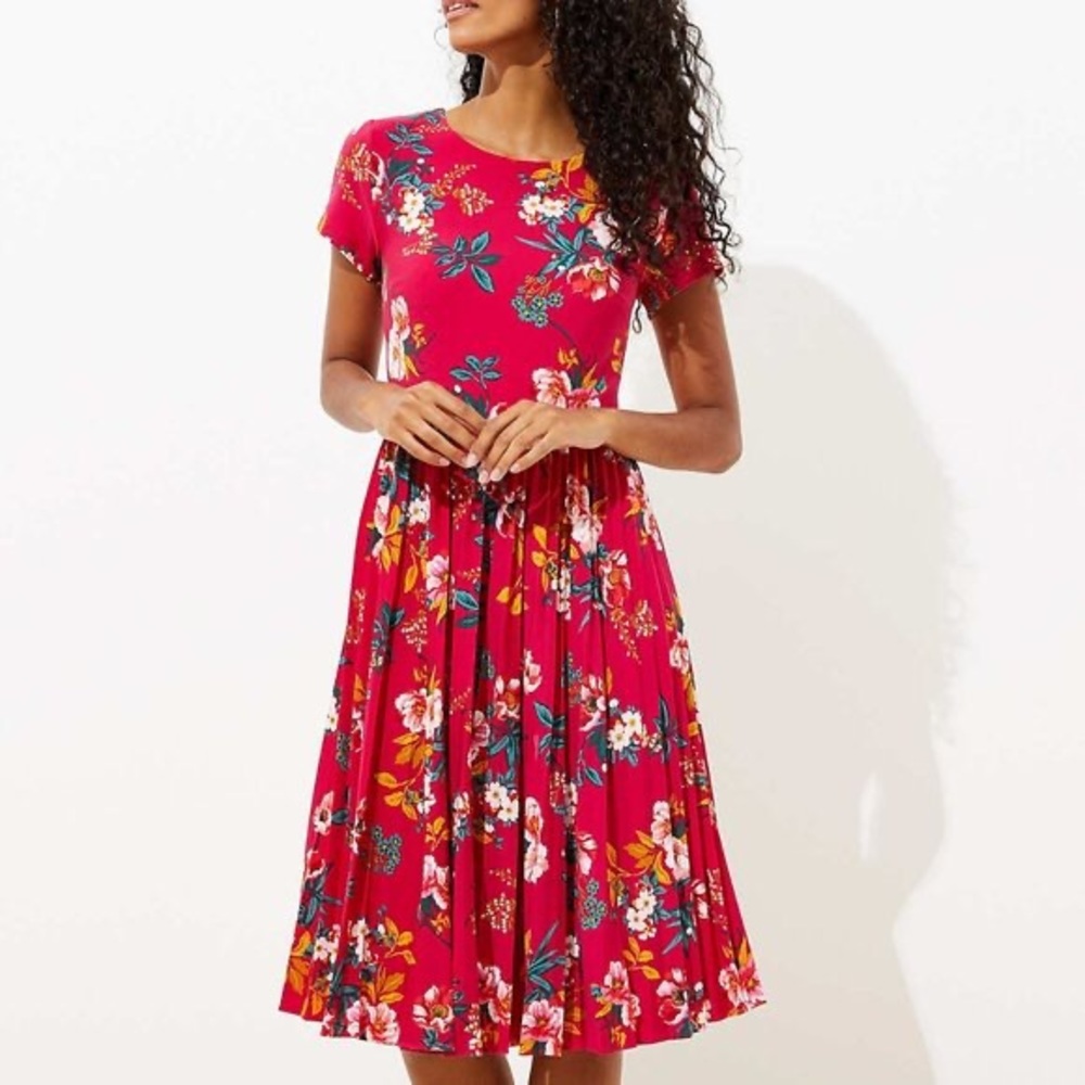 NEW Loft Pink Floral Pleated Skirt Knit Dress SZ 4P